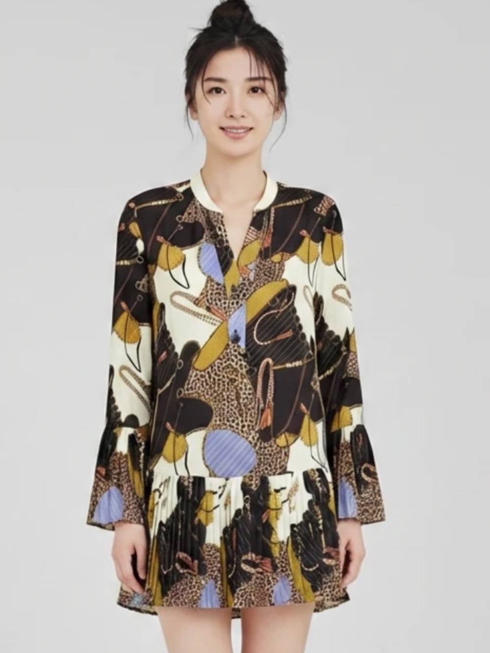 Zara Equestrian print tunic with peplum pleated hem sz medium